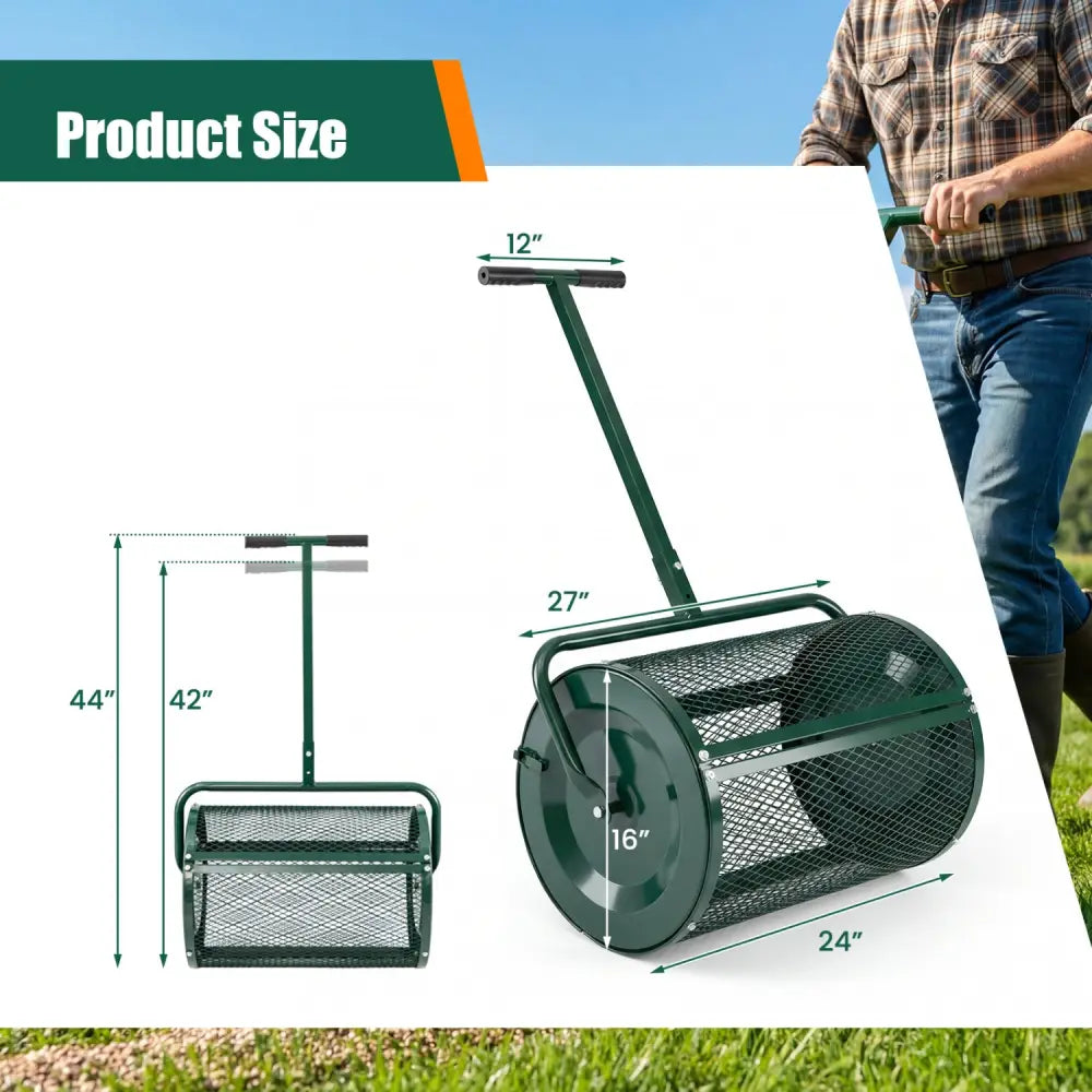 Compost Spreader 24 Inch Peat Moss Spreader Roller with Height-adjustable T-shape Handle-Green - Green - Lawn Care Tools
