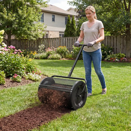 Compost Spreader 24 Inch Peat Moss Spreader Roller with Height-adjustable T-shape Handle-Black - Black - Lawn Care Tools