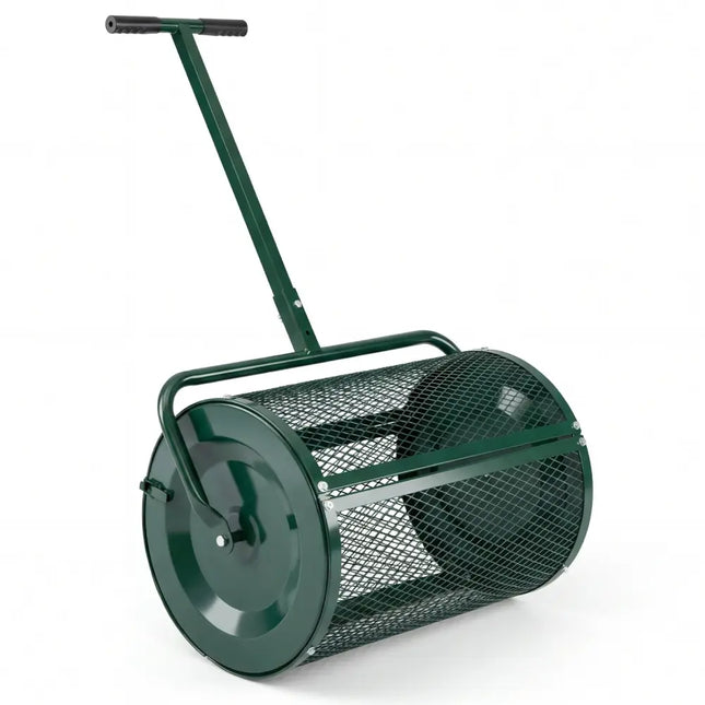 Compost Spreader 24 Inch Peat Moss Spreader Roller with Height-adjustable T-shape Handle-Green - Green - Lawn Care Tools