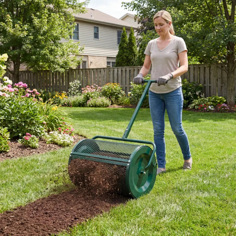 Compost Spreader 24 Inch Peat Moss Spreader Roller with Height-adjustable T-shape Handle-Green - Green - Lawn Care Tools