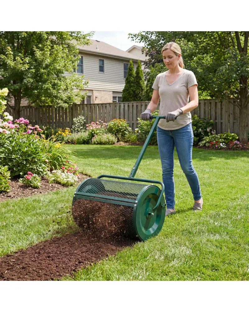 Compost Spreader 24 Inch Peat Moss Spreader Roller with Height-adjustable T-shape Handle-Green - Green - Lawn Care Tools