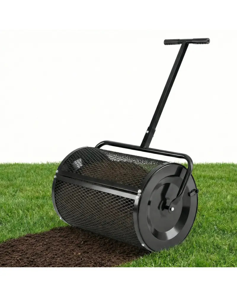 Compost Spreader 24 Inch Peat Moss Spreader Roller with Height-adjustable T-shape Handle-Black - Black - Lawn Care Tools