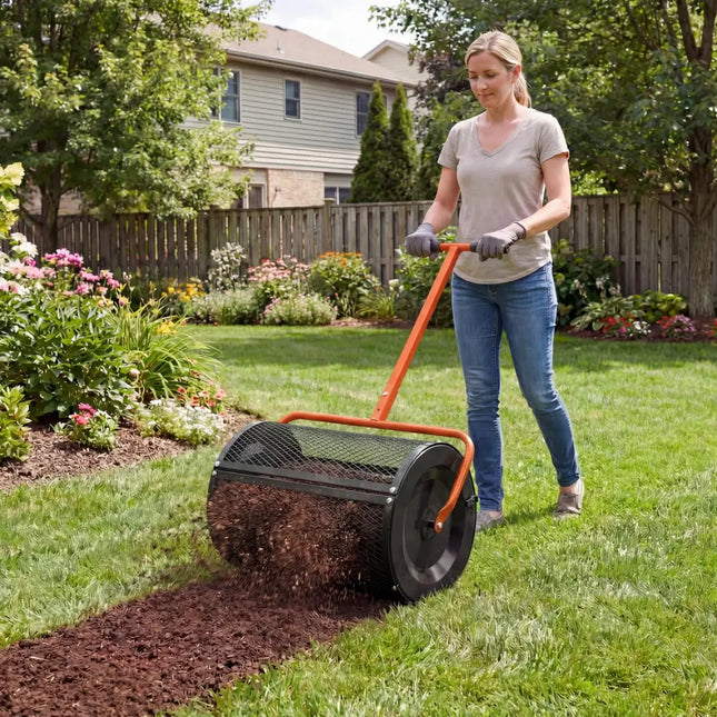 Compost Spreader 24 Inch Peat Moss Spreader Roller with Height-adjustable T-shape Handle-Orange - Orange - Lawn Care