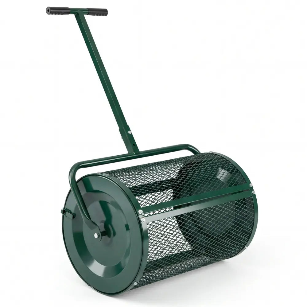 Compost Spreader 24 Inch Peat Moss Spreader Roller with Height-adjustable T-shape Handle-Green - Green - Lawn Care Tools