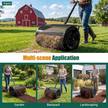 Compost Spreader 24 Inch Peat Moss Spreader Roller with Height-adjustable T-shape Handle-Black - Black - Lawn Care Tools