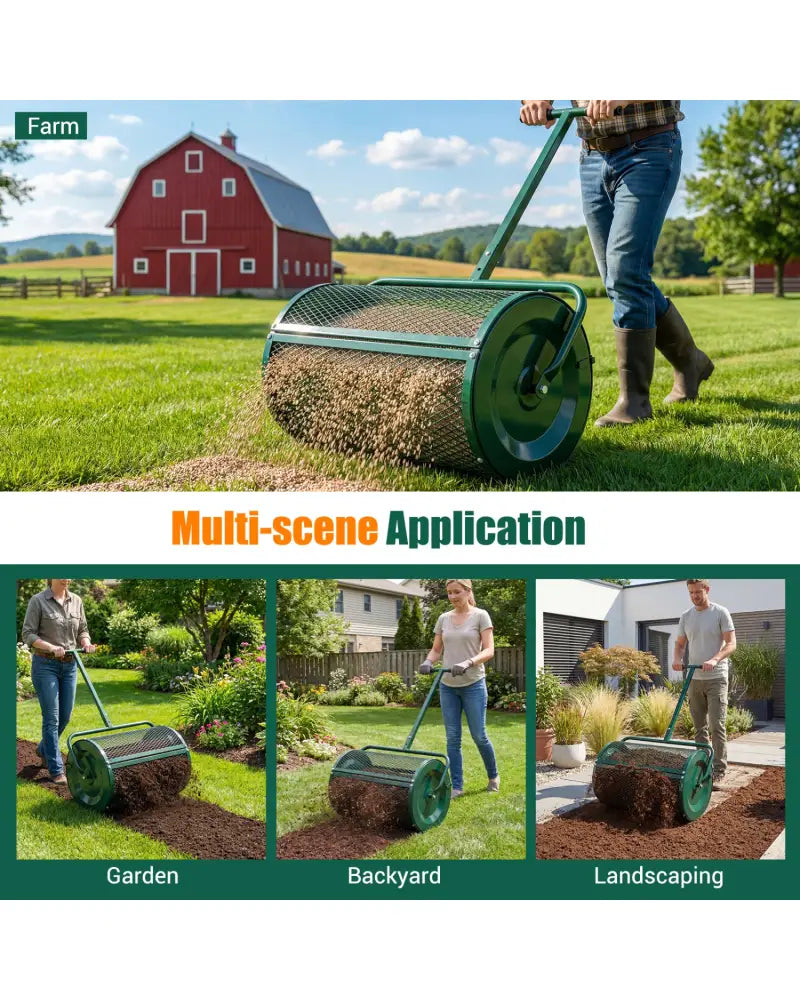Compost Spreader 24 Inch Peat Moss Spreader Roller with Height-adjustable T-shape Handle-Green - Green - Lawn Care Tools