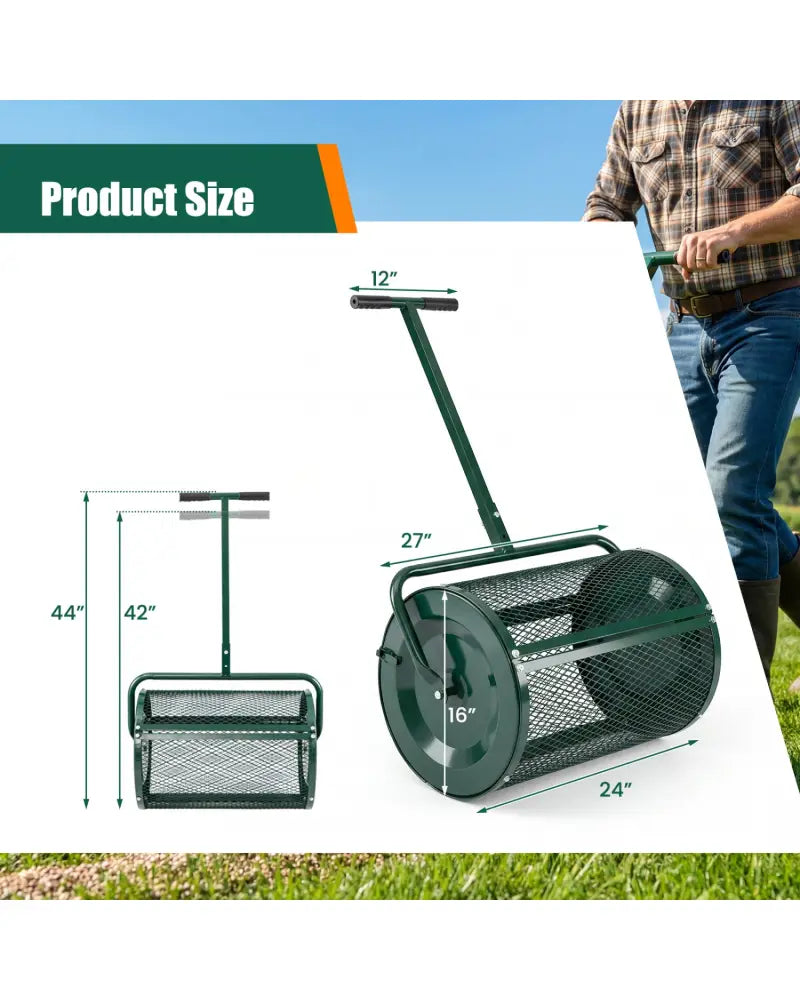Compost Spreader 24 Inch Peat Moss Spreader Roller with Height-adjustable T-shape Handle-Green - Green - Lawn Care Tools