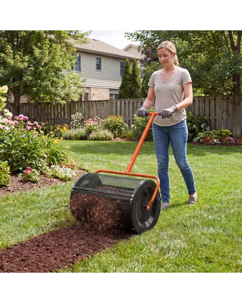 Compost Spreader 24 Inch Peat Moss Spreader Roller with Height-adjustable T-shape Handle-Orange - Orange - Lawn Care