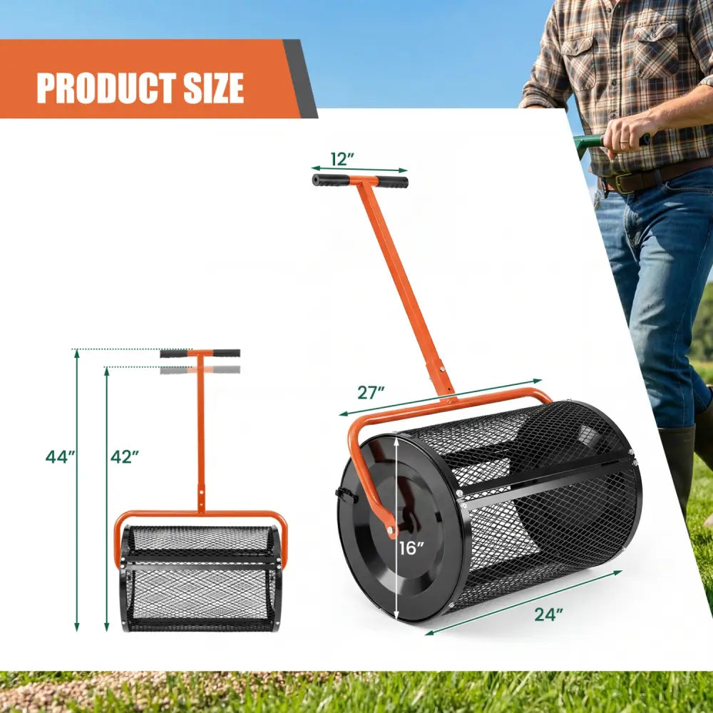 Compost Spreader 24 Inch Peat Moss Spreader Roller with Height-adjustable T-shape Handle-Orange - Orange - Lawn Care
