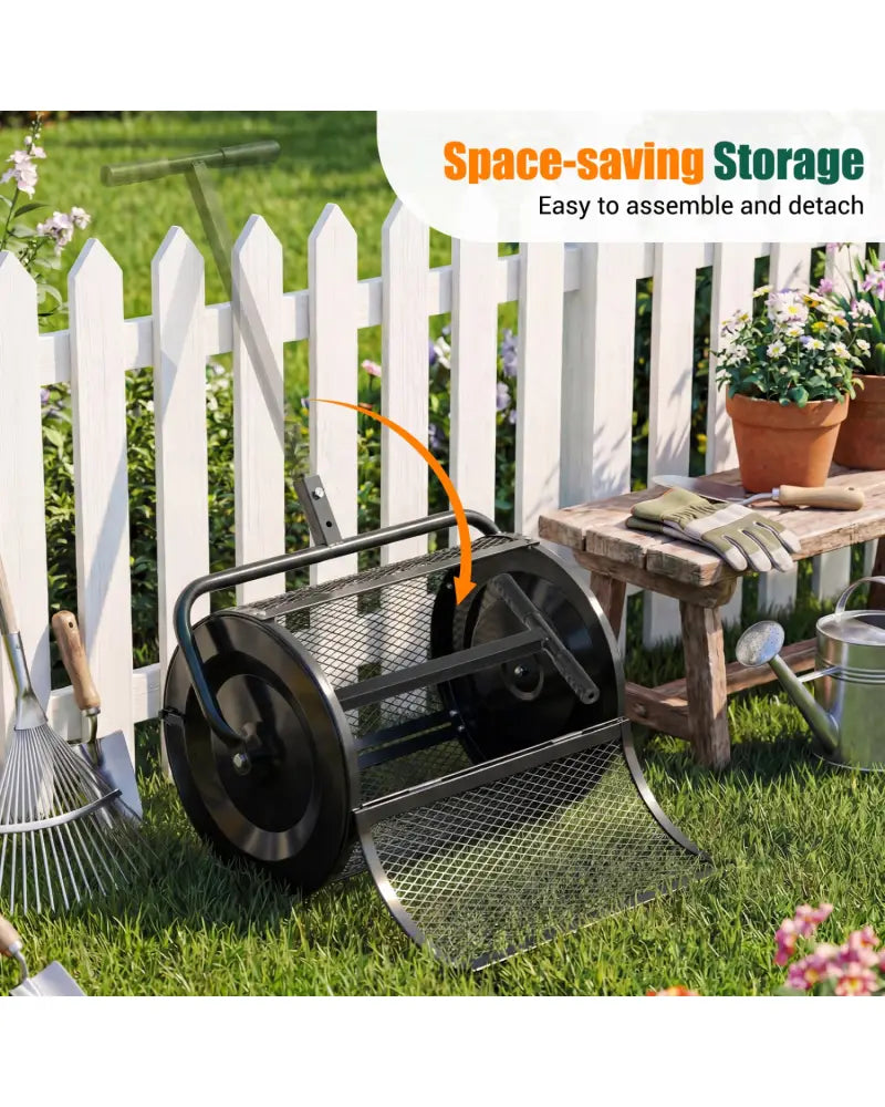 Compost Spreader 24 Inch Peat Moss Spreader Roller with Height-adjustable T-shape Handle-Black - Black - Lawn Care Tools