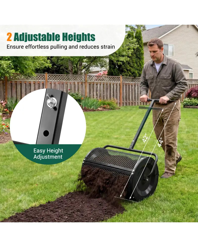 Compost Spreader 24 Inch Peat Moss Spreader Roller with Height-adjustable T-shape Handle-Black - Black - Lawn Care Tools
