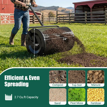Compost Spreader 24 Inch Peat Moss Spreader Roller with Height-adjustable T-shape Handle-Black - Black - Lawn Care Tools