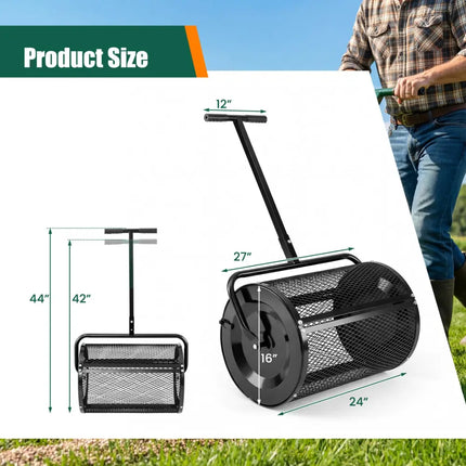 Compost Spreader 24 Inch Peat Moss Spreader Roller with Height-adjustable T-shape Handle-Black - Black - Lawn Care Tools