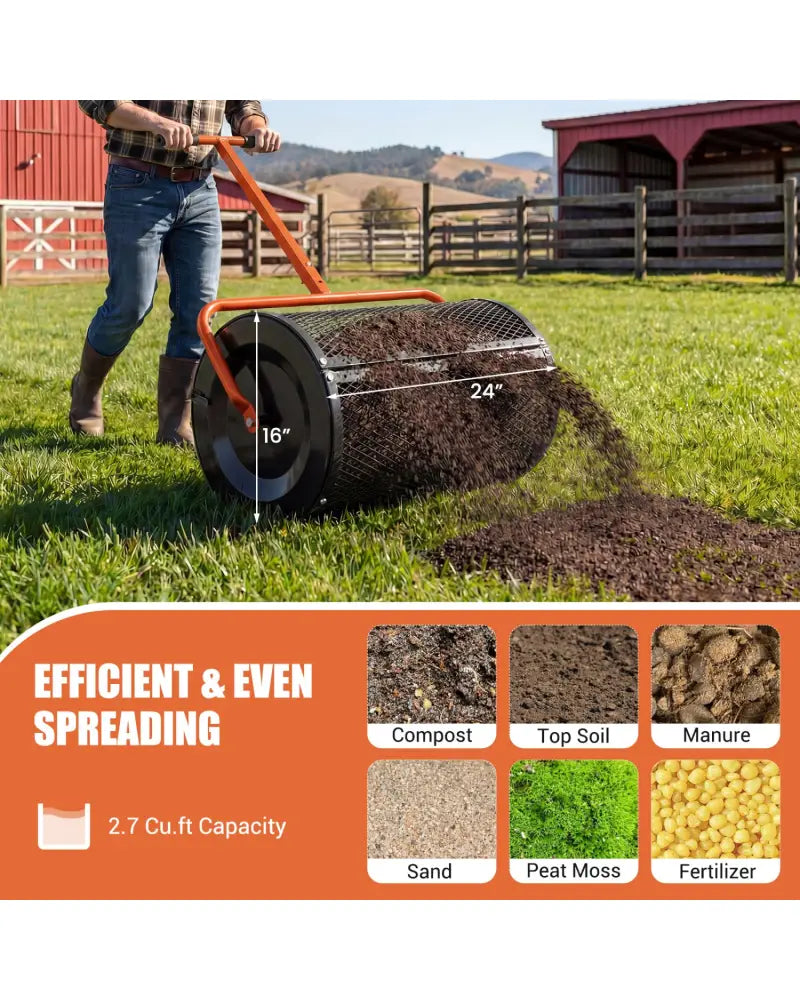 Compost Spreader 24 Inch Peat Moss Spreader Roller with Height-adjustable T-shape Handle-Orange - Orange - Lawn Care