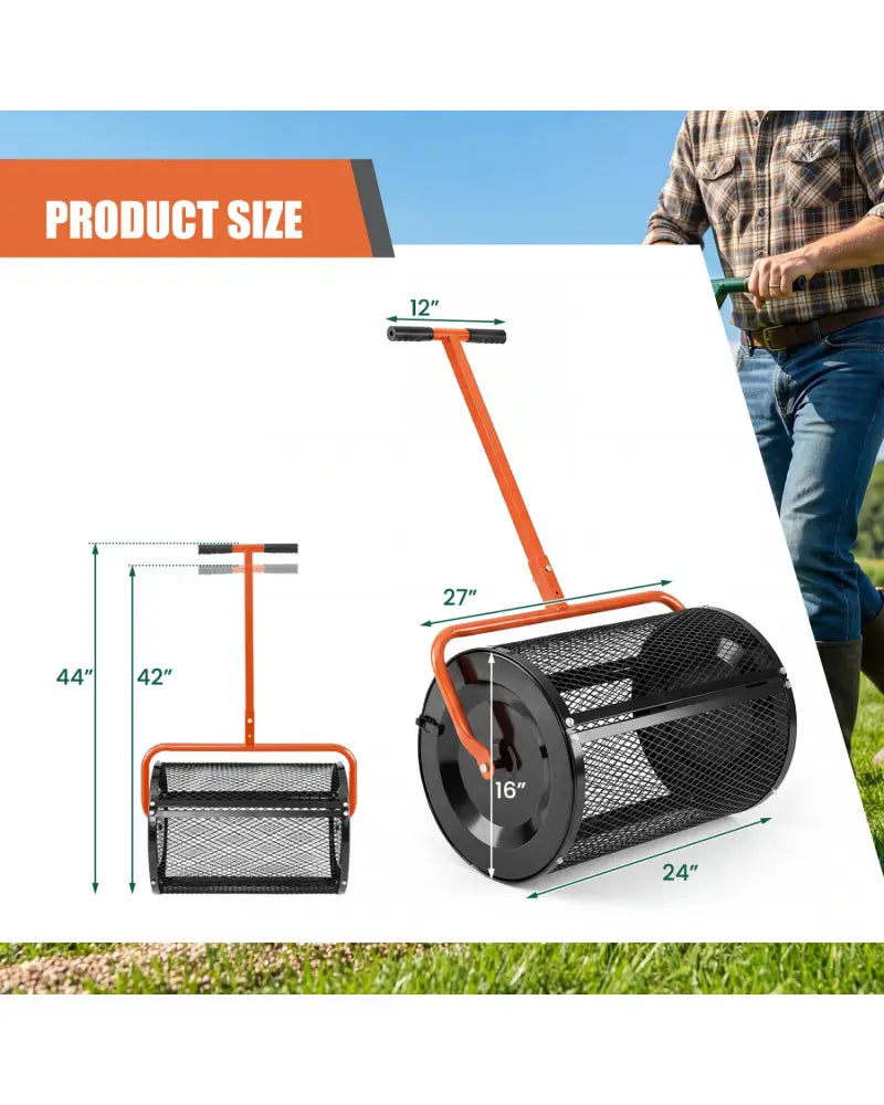 Compost Spreader 24 Inch Peat Moss Spreader Roller with Height-adjustable T-shape Handle-Orange - Orange - Lawn Care