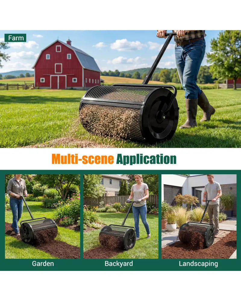 Compost Spreader 24 Inch Peat Moss Spreader Roller with Height-adjustable T-shape Handle-Black - Black - Lawn Care Tools