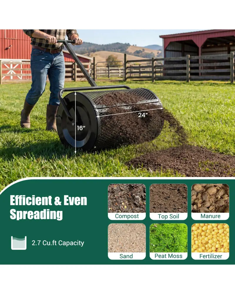 Compost Spreader 24 Inch Peat Moss Spreader Roller with Height-adjustable T-shape Handle-Black - Black - Lawn Care Tools