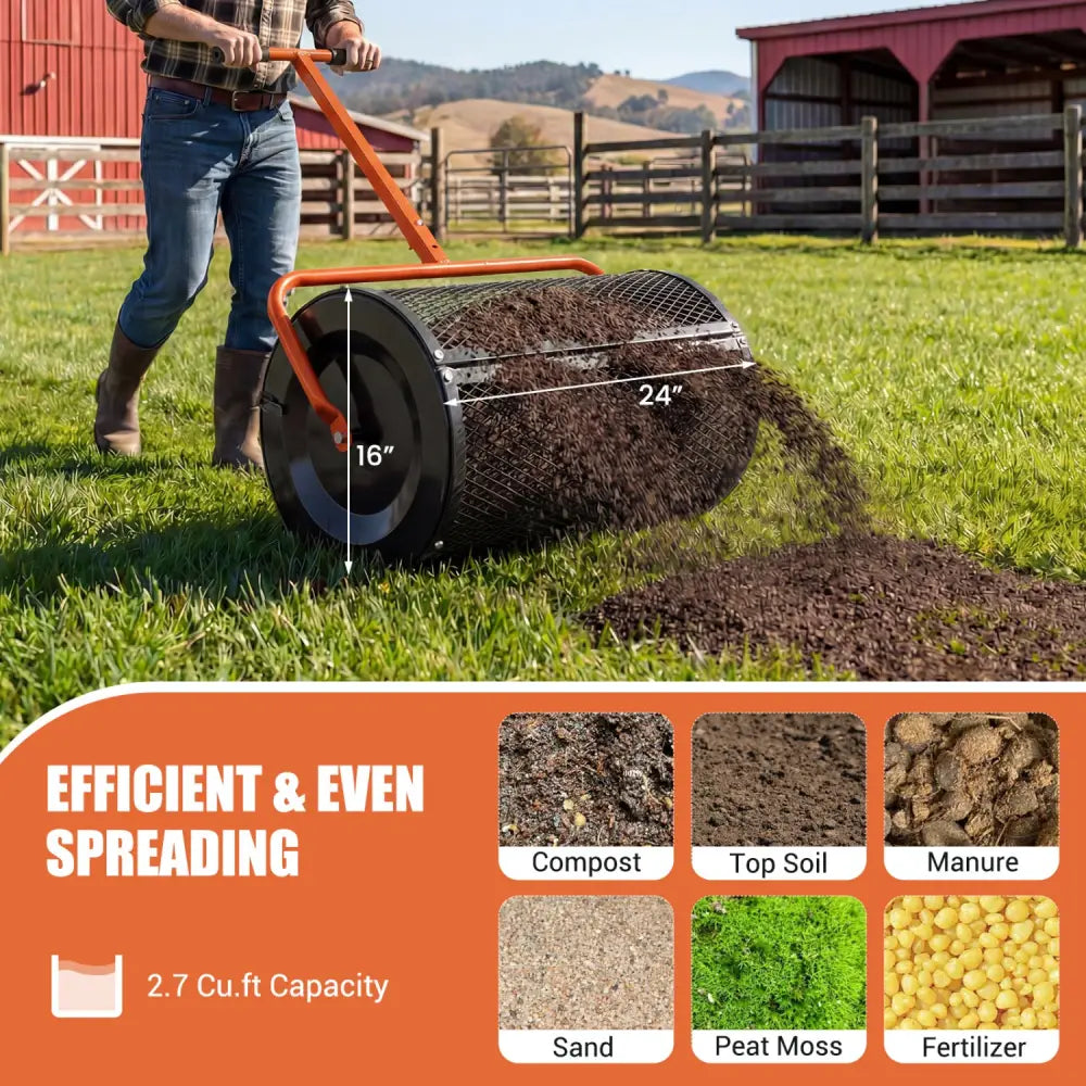 Compost Spreader 24 Inch Peat Moss Spreader Roller with Height-adjustable T-shape Handle-Orange - Orange - Lawn Care