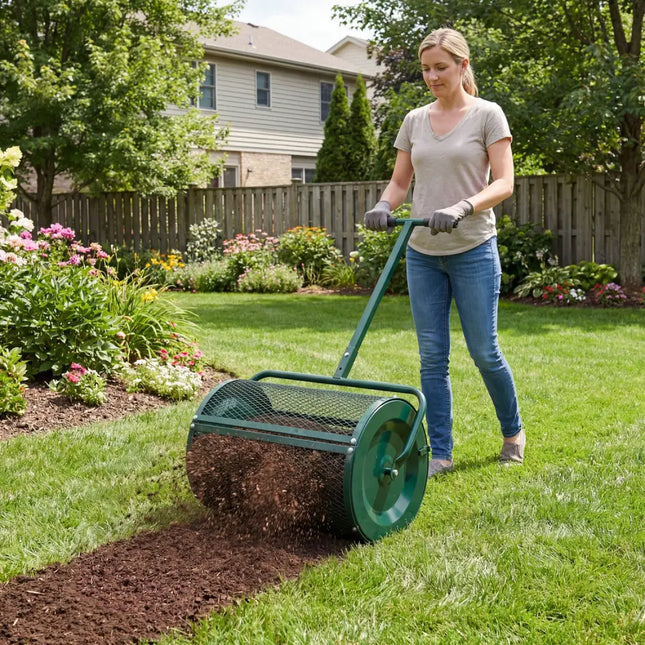 Compost Spreader 24 Inch Peat Moss Spreader Roller with Height-adjustable T-shape Handle-Green - Green - Lawn Care Tools