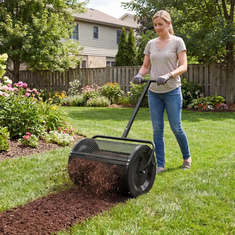 Compost Spreader 24 Inch Peat Moss Spreader Roller with Height-adjustable T-shape Handle-Black - Black - Lawn Care Tools