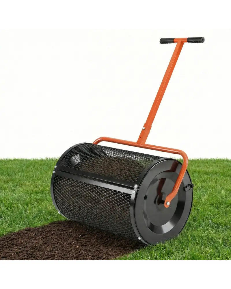 Compost Spreader 24 Inch Peat Moss Spreader Roller with Height-adjustable T-shape Handle-Orange - Orange - Lawn Care