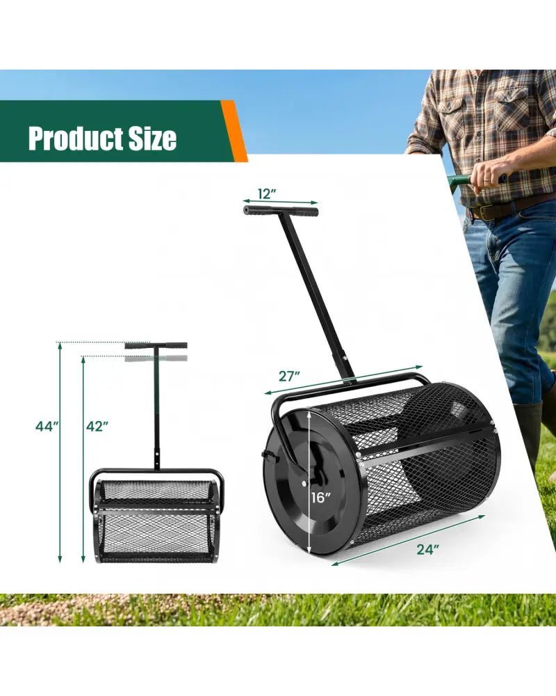 Compost Spreader 24 Inch Peat Moss Spreader Roller with Height-adjustable T-shape Handle-Black - Black - Lawn Care Tools