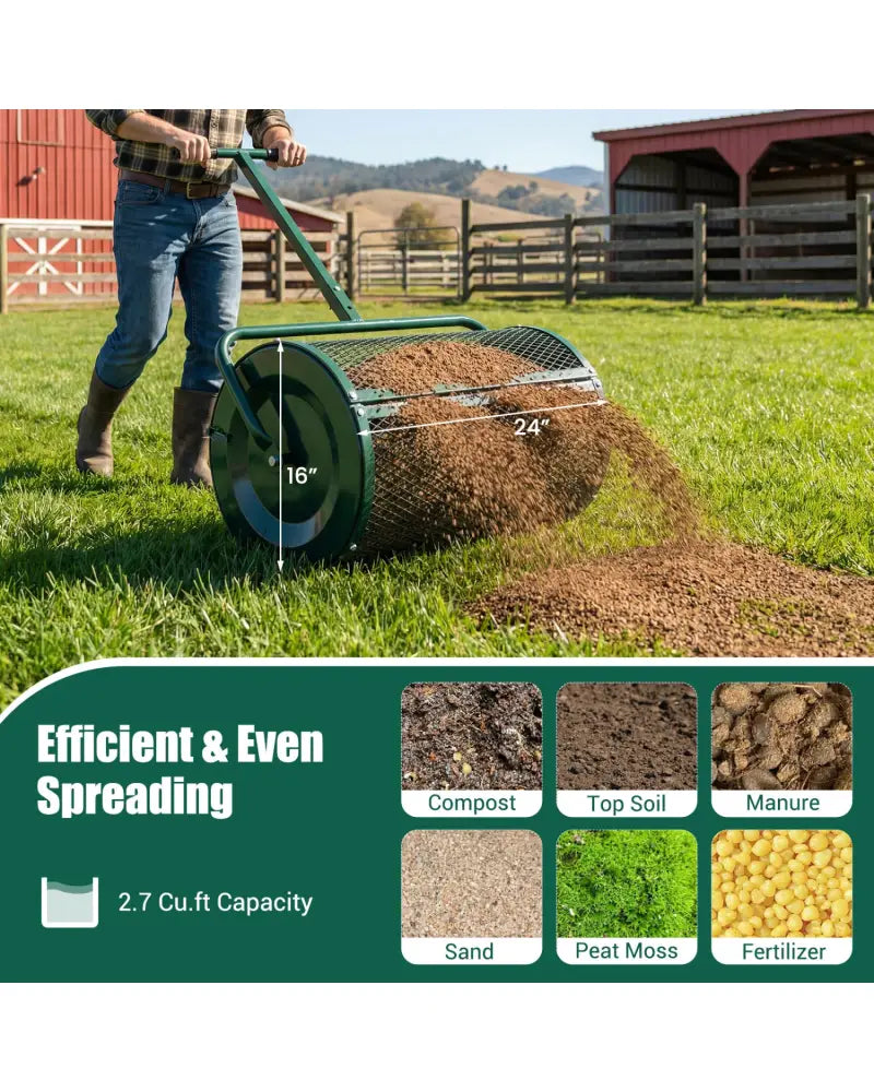 Compost Spreader 24 Inch Peat Moss Spreader Roller with Height-adjustable T-shape Handle-Green - Green - Lawn Care Tools