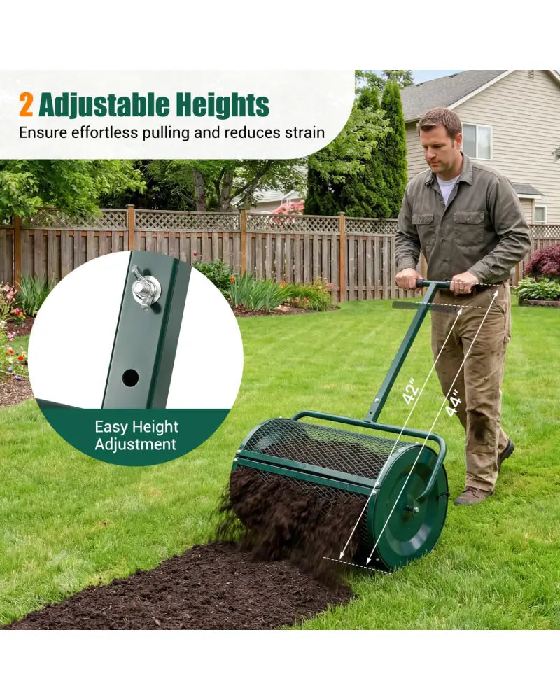 Compost Spreader 24 Inch Peat Moss Spreader Roller with Height-adjustable T-shape Handle-Green - Green - Lawn Care Tools