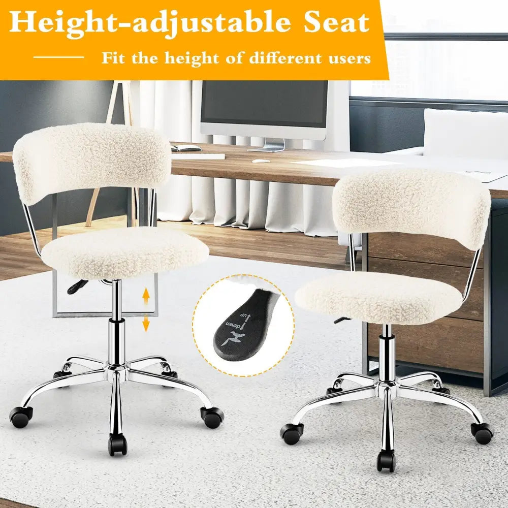 Computer Desk Chair Adjustable Sherpa Office Chair Swivel Vanity Chair-White - White - Armless Chairs