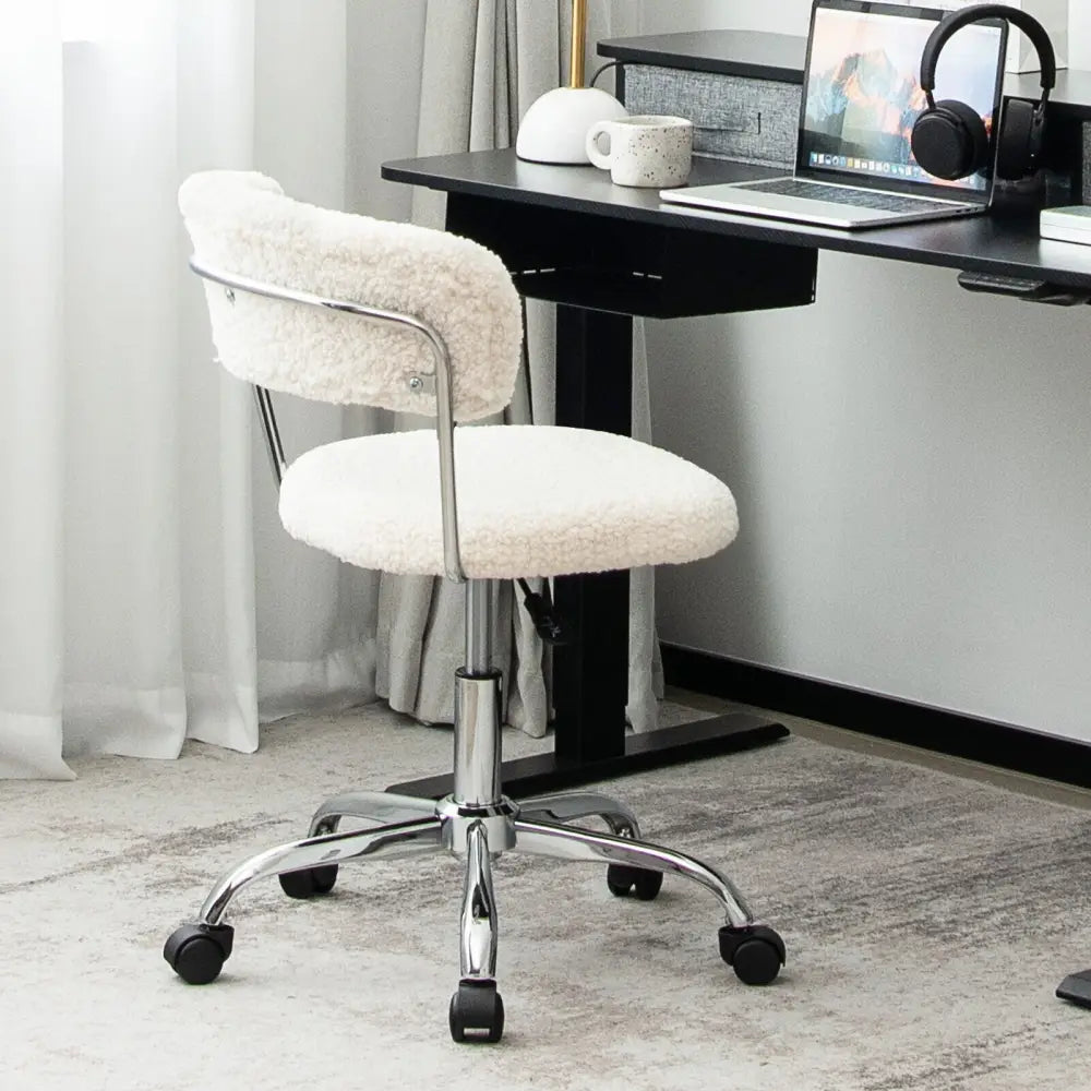 Computer Desk Chair Adjustable Sherpa Office Chair Swivel Vanity Chair-White - White - Armless Chairs