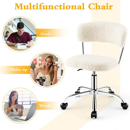 Computer Desk Chair Adjustable Sherpa Office Chair Swivel Vanity Chair-White - White - Armless Chairs