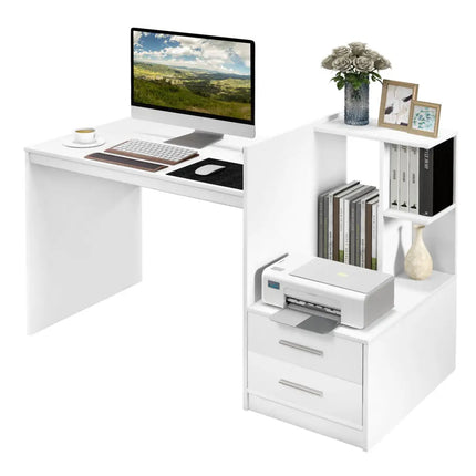Computer Desk Home Office with Bookshelf and Drawers-White - White - Computer Desks