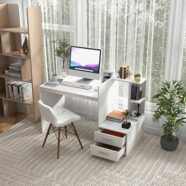 Computer Desk Home Office with Bookshelf and Drawers-White - White - Computer Desks
