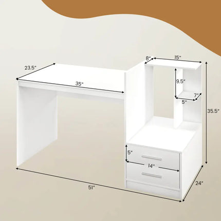 Computer Desk Home Office with Bookshelf and Drawers-White - White - Computer Desks