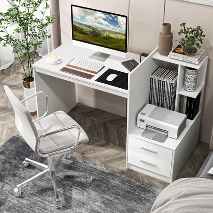 Computer Desk Home Office with Bookshelf and Drawers-White - White - Computer Desks