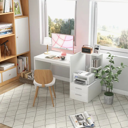 Computer Desk Home Office with Bookshelf and Drawers-White - White - Computer Desks