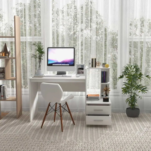 Computer Desk Home Office with Bookshelf and Drawers-White - White - Computer Desks