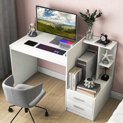 Computer Desk Home Office with Bookshelf and Drawers-White - White - Computer Desks