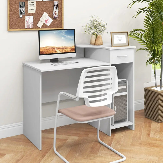 Computer Desk Modern Laptop PC Desk with Adjustable Shelf and Cable Hole-White - White - Computer Desks