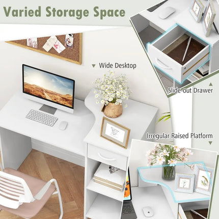 Computer Desk Modern Laptop PC Desk with Adjustable Shelf and Cable Hole-White - White - Computer Desks