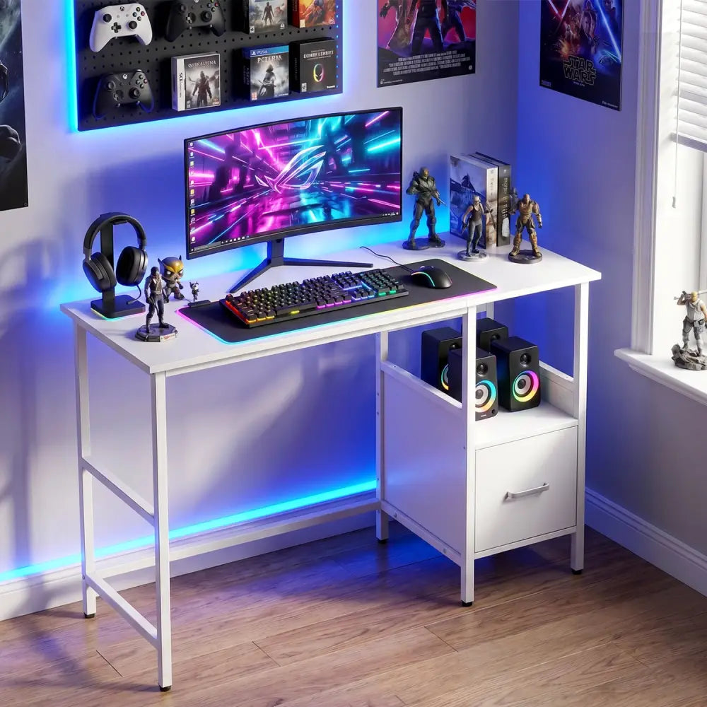 Computer Desk Modern Office Desk with Open Shelf and Storage Drawer-White - White - Computer Desks