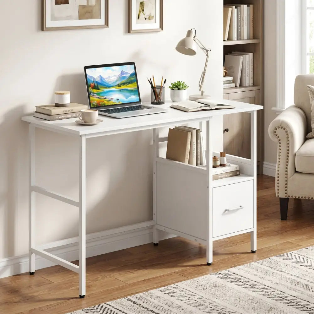 Computer Desk Modern Office Desk with Open Shelf and Storage Drawer-White - White - Computer Desks