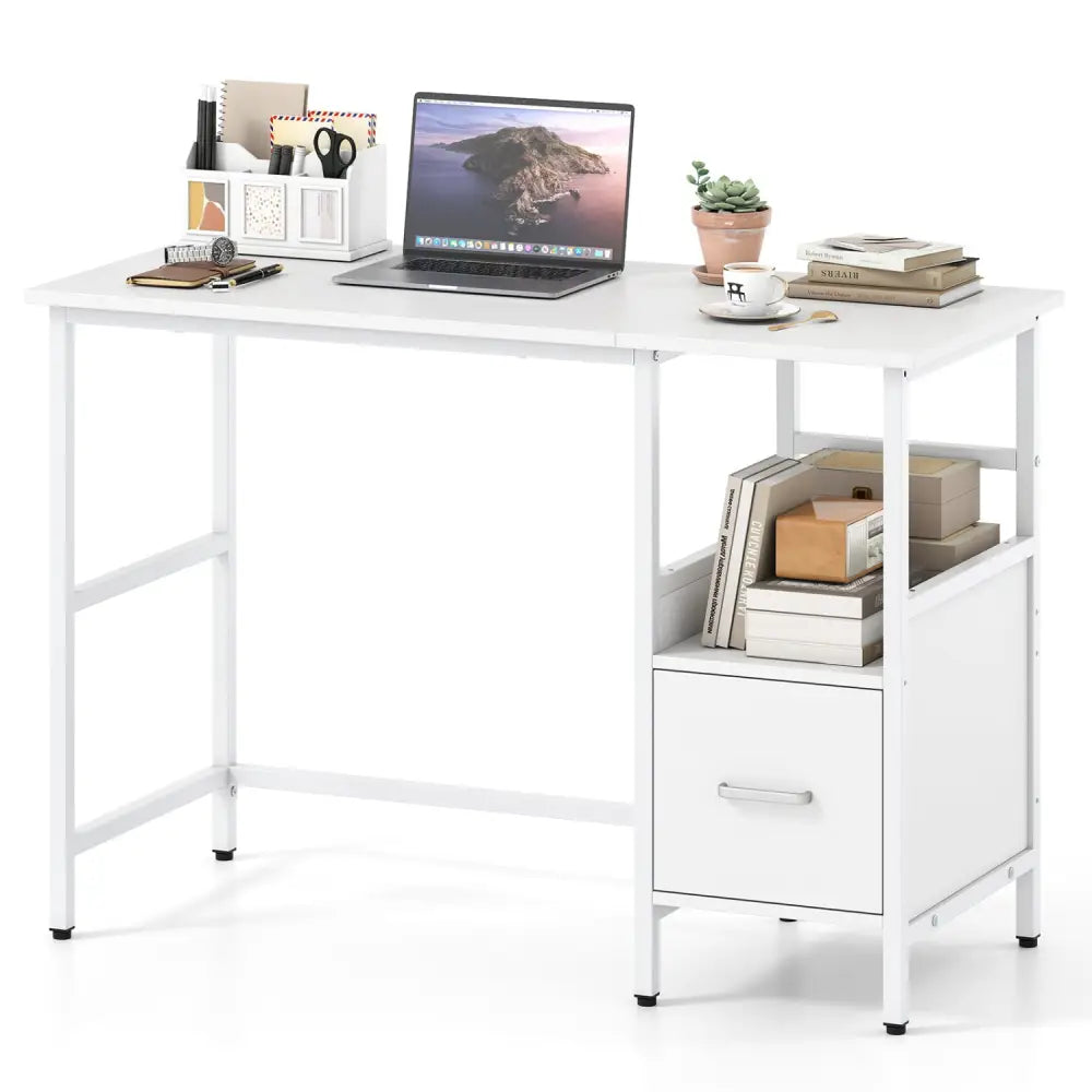 Computer Desk Modern Office Desk with Open Shelf and Storage Drawer-White - White - Computer Desks