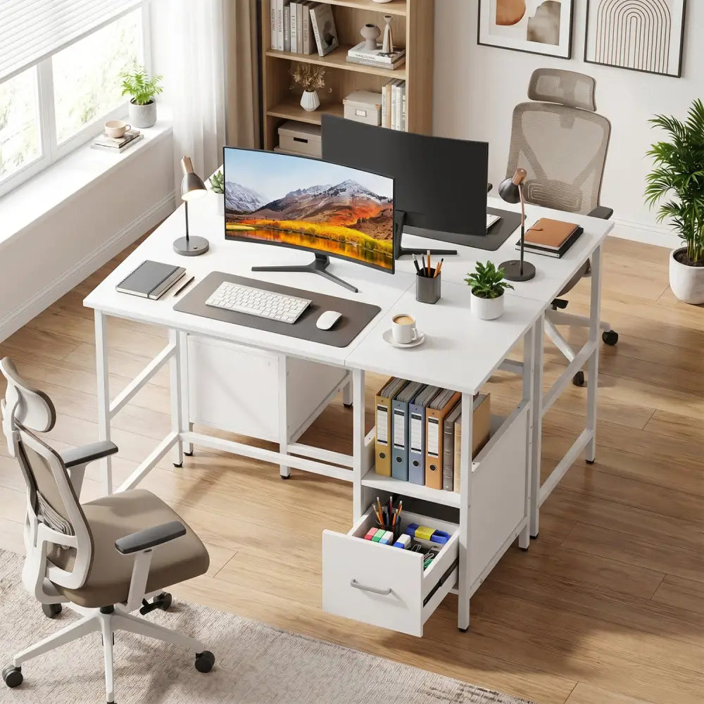 Computer Desk Modern Office Desk with Open Shelf and Storage Drawer-White - White - Computer Desks