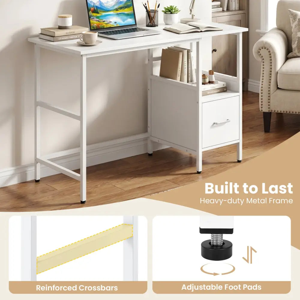 Computer Desk Modern Office Desk with Open Shelf and Storage Drawer-White - White - Computer Desks