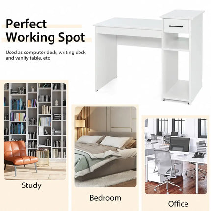 Computer Desk PC Laptop Table with Drawer and Shelf-White - White - Computer Desks