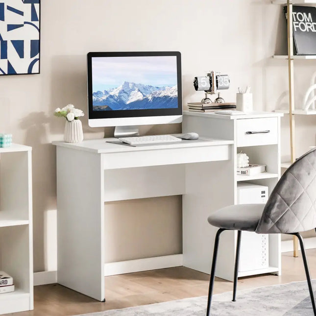 Computer Desk PC Laptop Table with Drawer and Shelf-White - White - Computer Desks