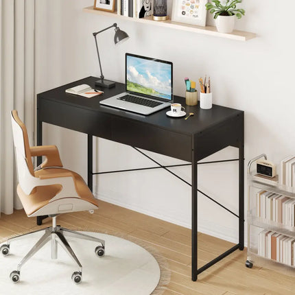Computer Desk with 2 Drawers 44 Inch Home Office Desk with Metal Frame-Black - Black - Computer Desks