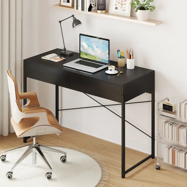 Computer Desk with 2 Drawers 44 Inch Home Office Desk with Metal Frame-Black - Black - Computer Desks