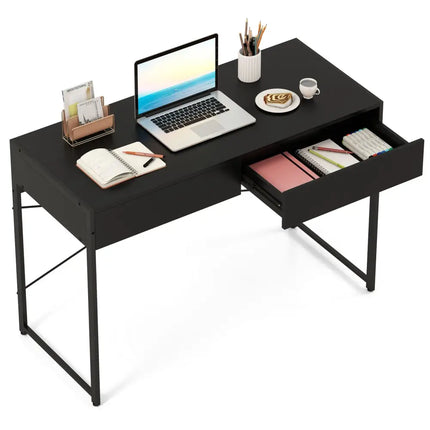 Computer Desk with 2 Drawers 44 Inch Home Office Desk with Metal Frame-Black - Black - Computer Desks
